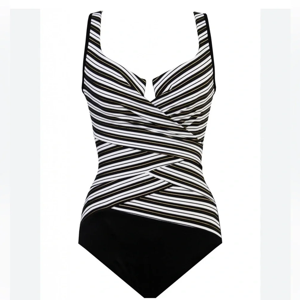 MiracleSuit Gilt Trip Escape Underwire Black & White 1 Piece Swimsuit Sz Small